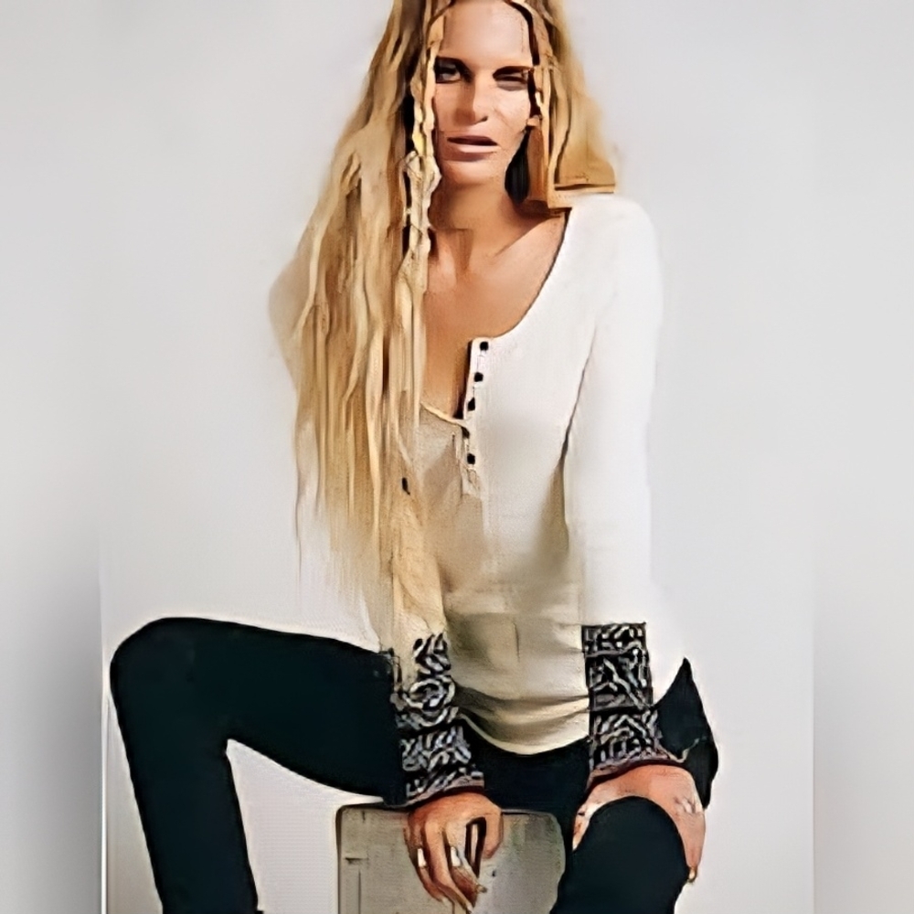 Rare Free People Alpine Cream Thermal and Black Knit Cuff Long Sleeve Top XS